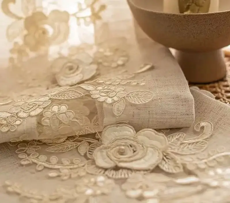 Home Office Guest Room - French Beige Cotton Linen Embroidered Lace
