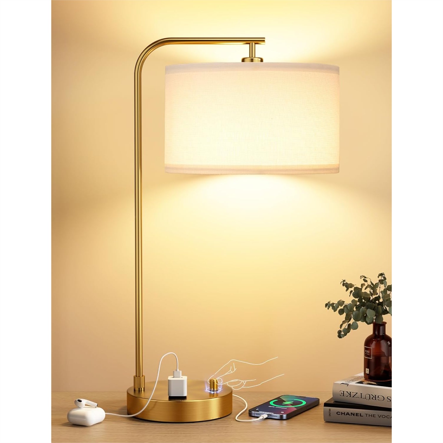 Home Office Guest Room - Gold Table Lamp With USB Port