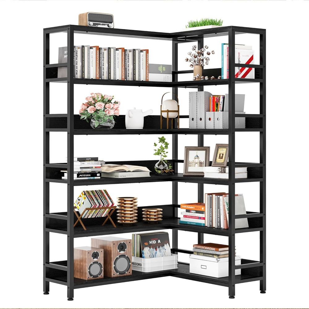 Home Office Industrial Design - 6-Tier Industrial Style Bookshelf with L-Shaped