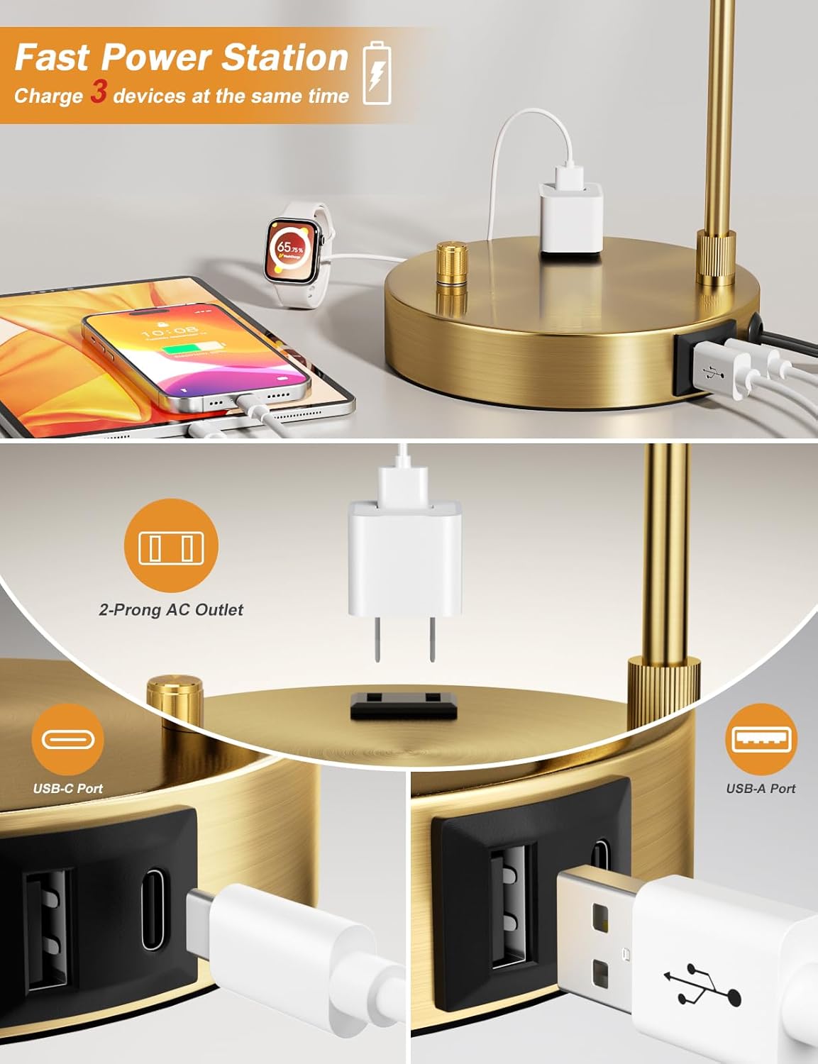 Gold Table Lamp With USB Port  - Home Office Guest Room review and price